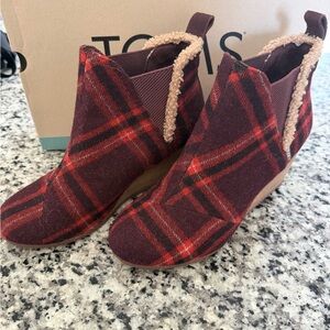Toms Red and Brown Plaid Ankle Boots